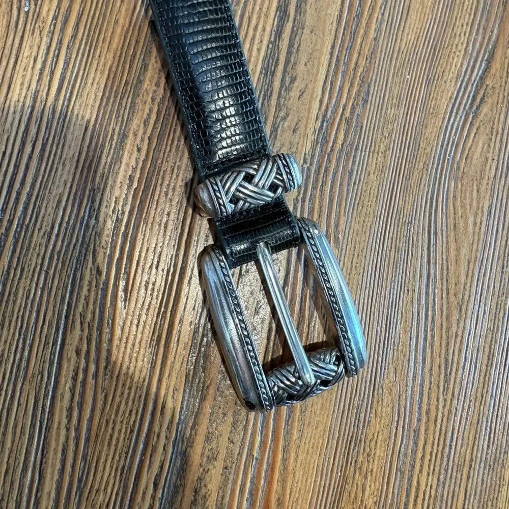 Brighton Black Lizard-Embossed Belt with Silver Accents